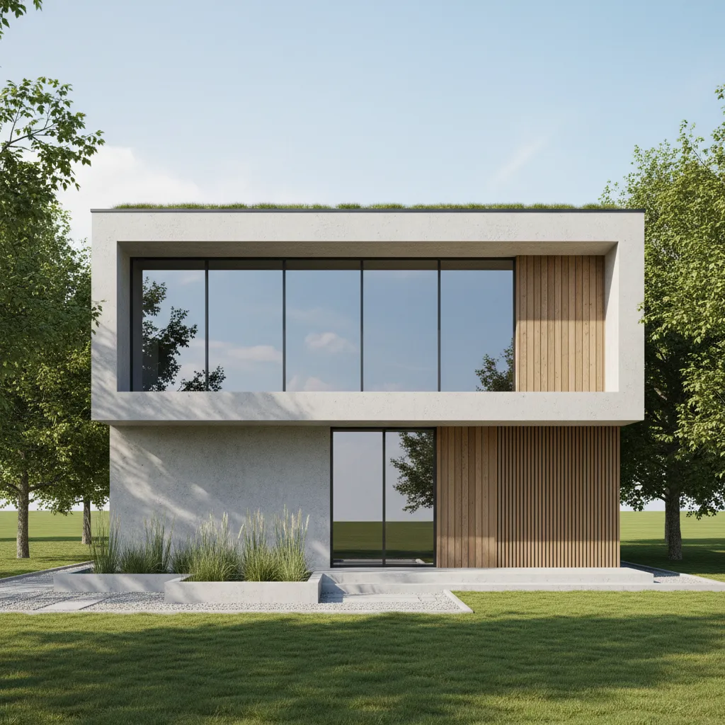Modern two story house exterior with large windows wood wall panels green lawn and trees