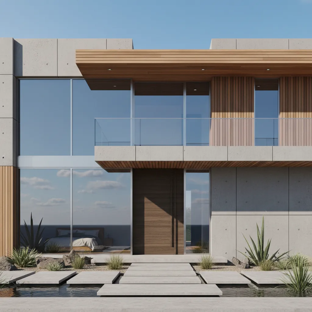 Tampak depan rumah dua lantai dengan desain modern minimalis