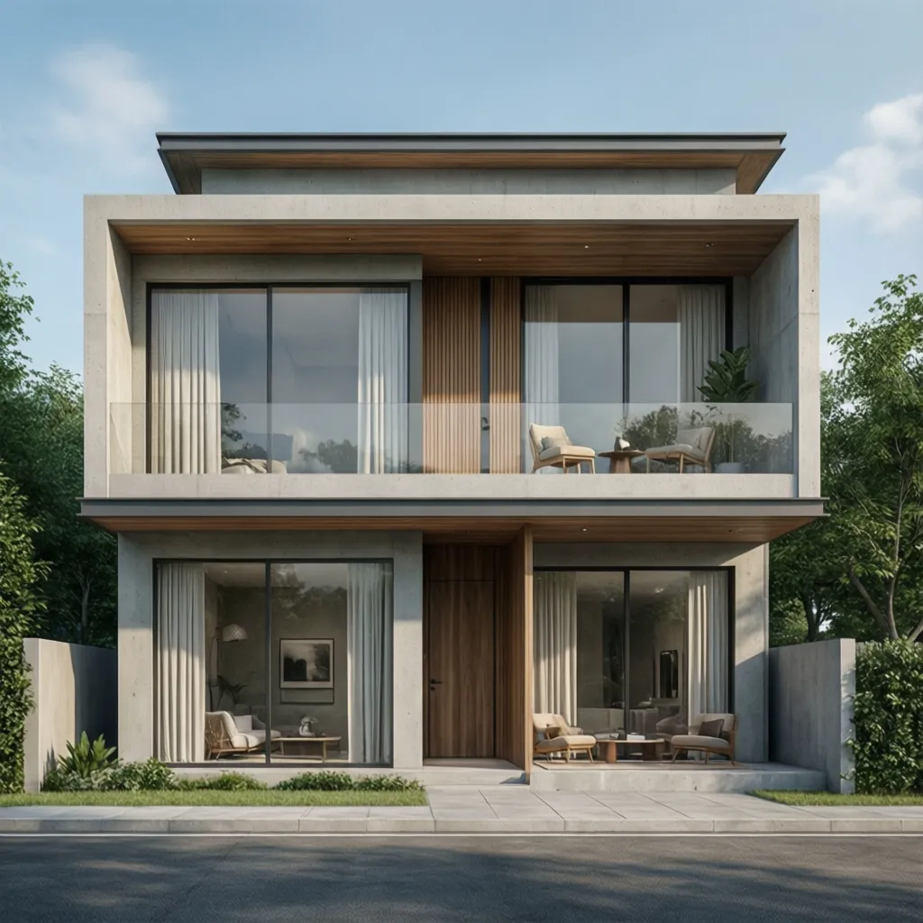 Tampak depan rumah dua lantai bergaya modern