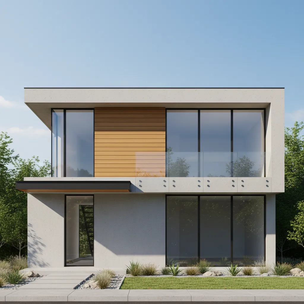Modern two story house with concrete walls wood panels large glass windows and green garden
