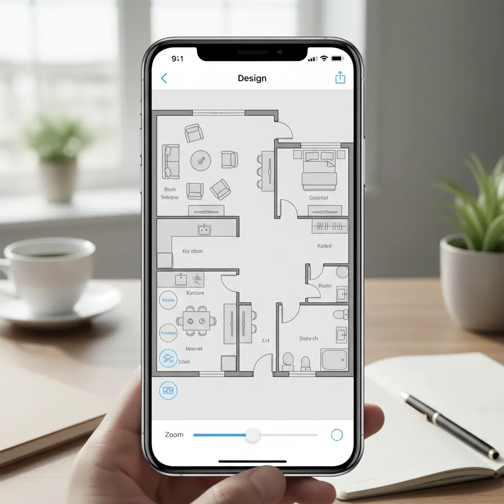 Tampilan aplikasi desain rumah dengan denah ruangan