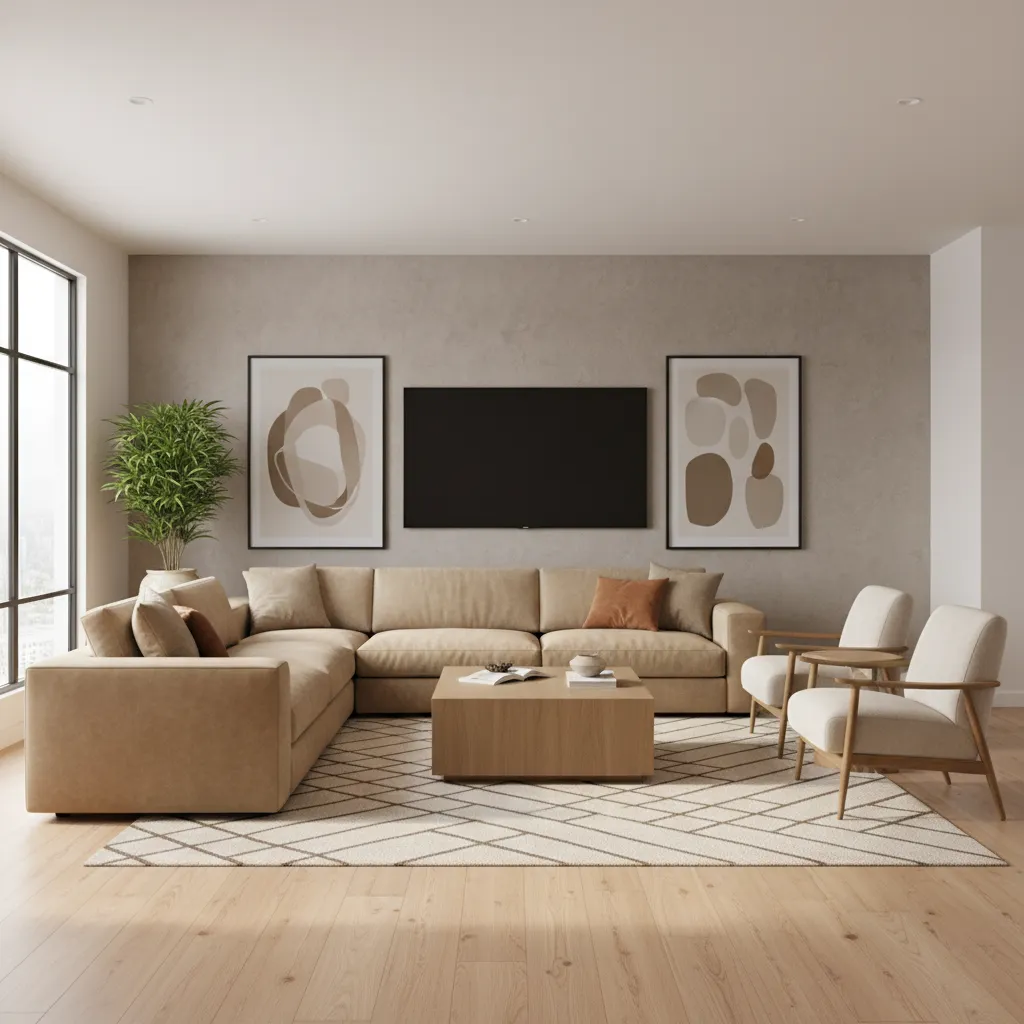 Living room arrangement with tan sofa facing focal point and balanced seating
