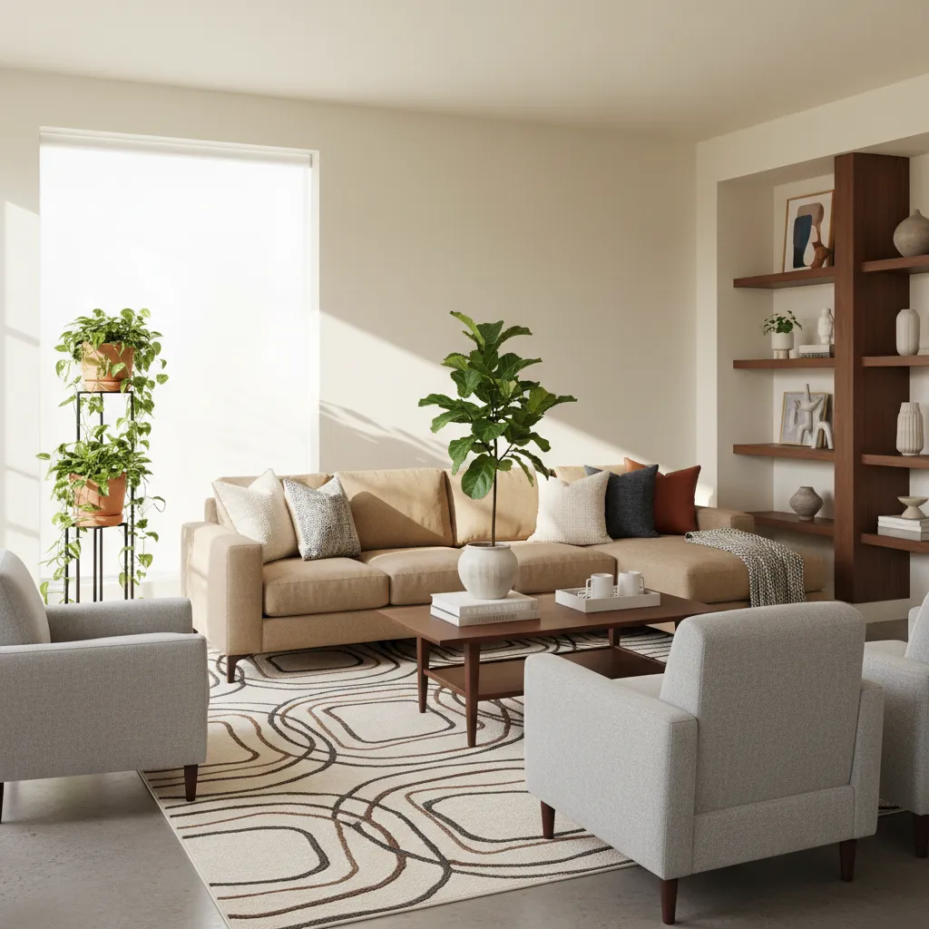 tan couch with layered pillows and large patterned rug