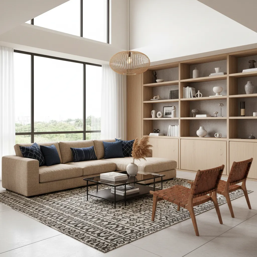 tan sofa living room with dark rug and contrast decor