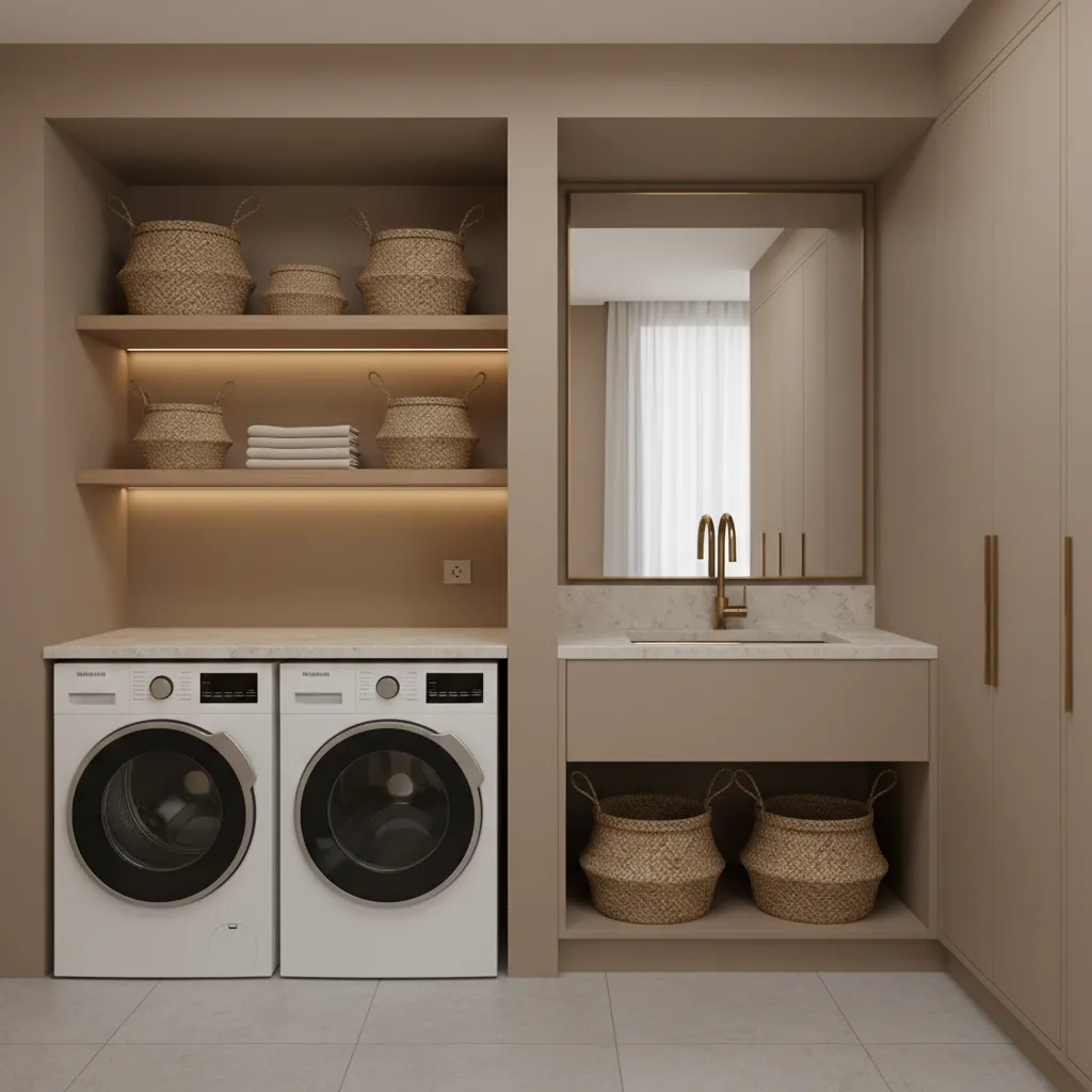 Tan laundry room with two white washing machines, wooden shelves, woven baskets, and gold faucet