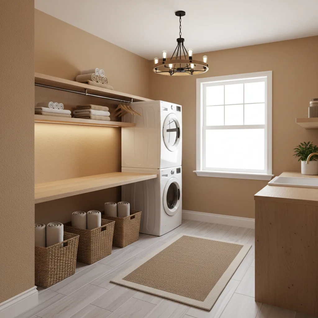 Laundry room with warm tan walls and white washer dryer