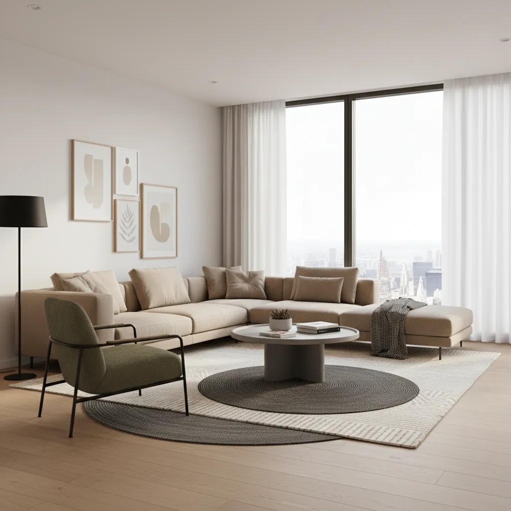 Tan sofa paired with green accent chair and modern coffee table in living room