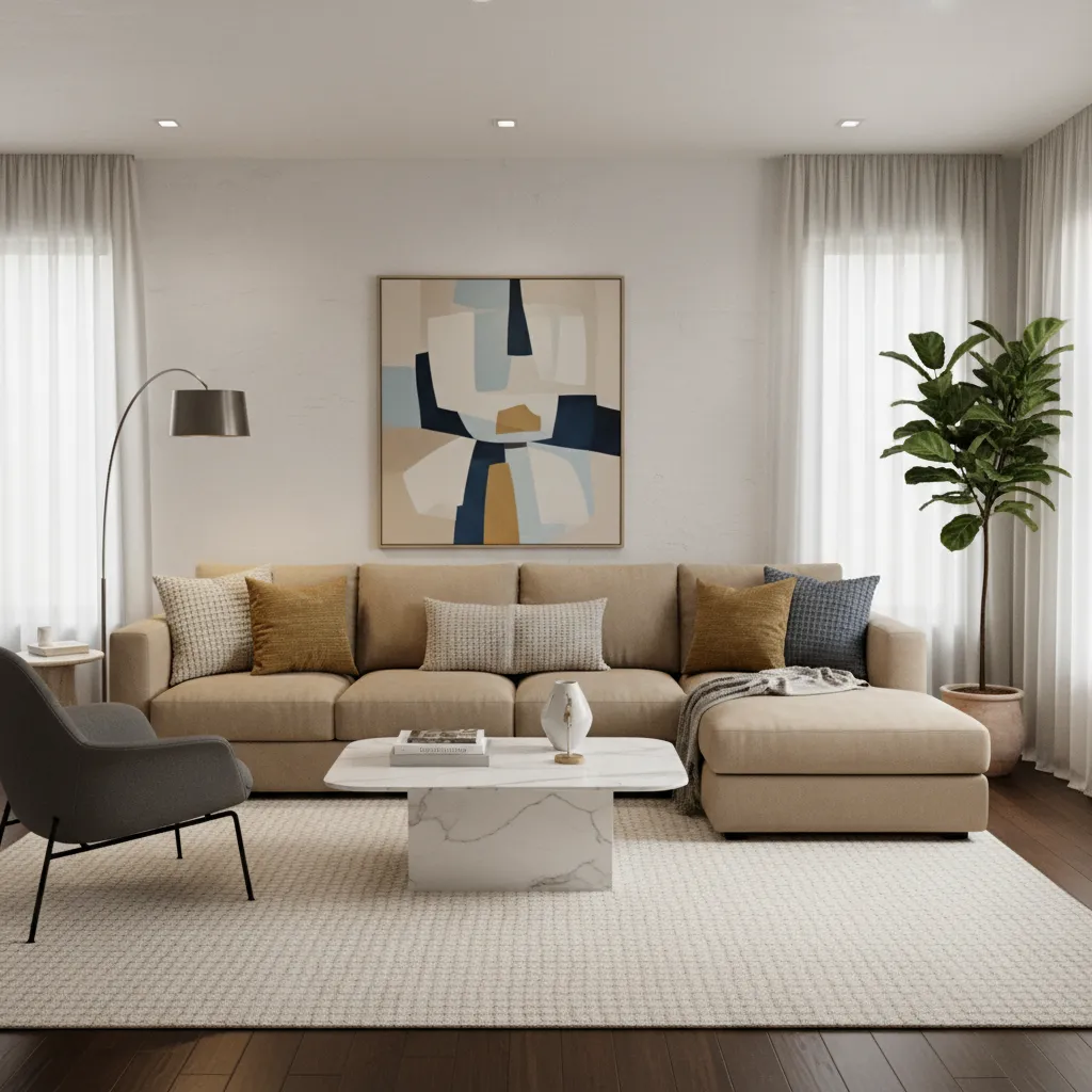 Complete designer styled living room featuring tan couch balanced with art lighting and textures