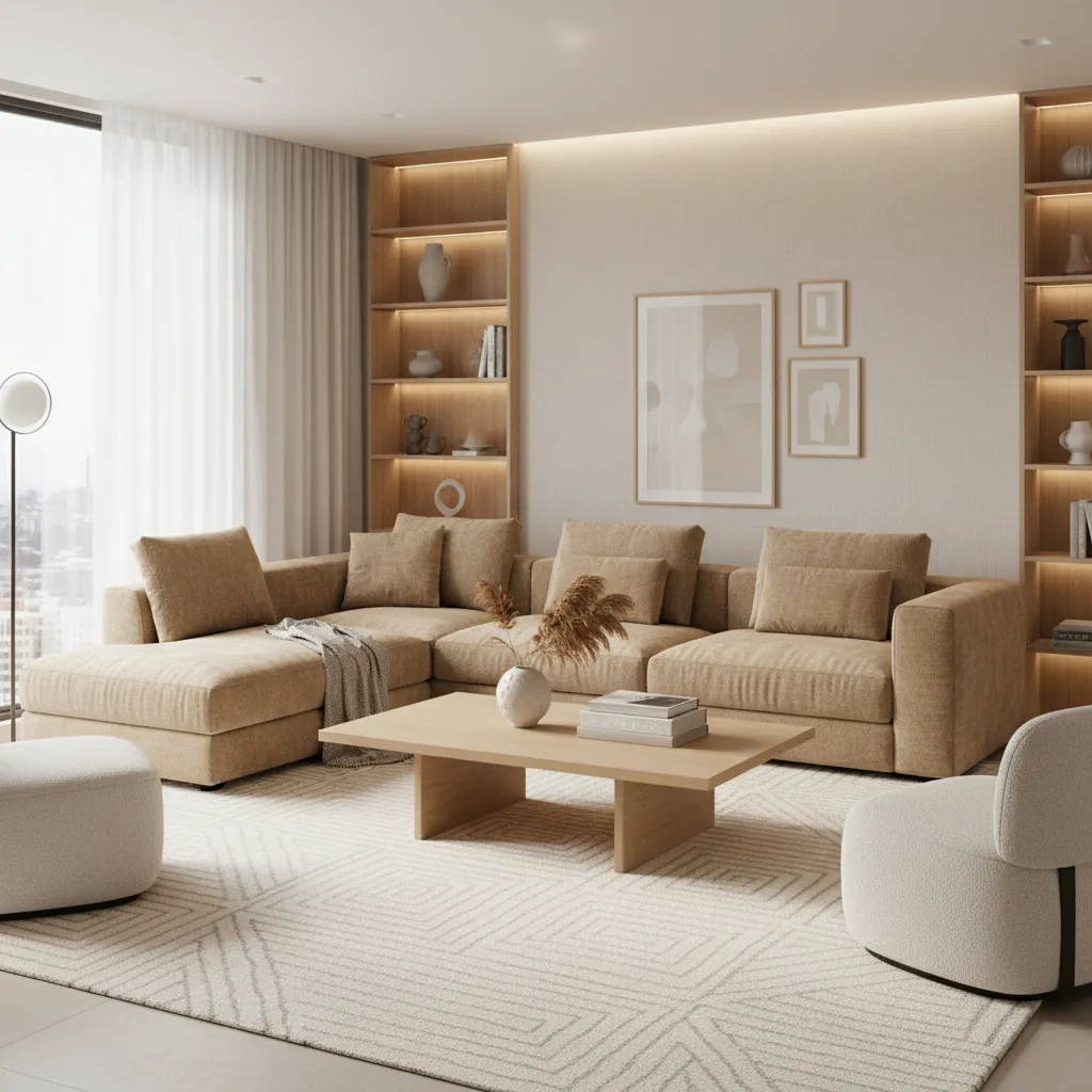 Tan sofa living room with large rug anchoring seating area