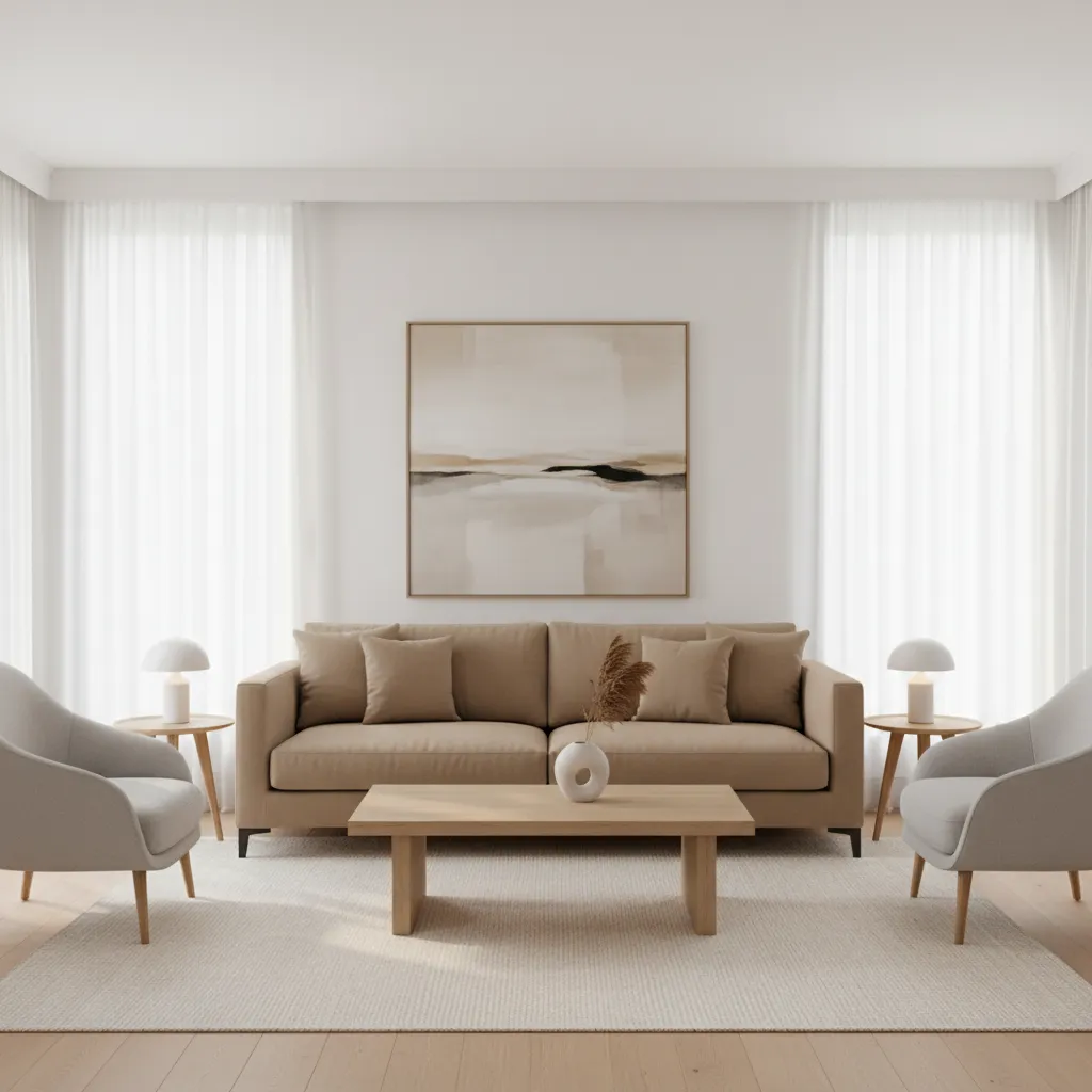 neutral living room with tan couch and soft natural lighting