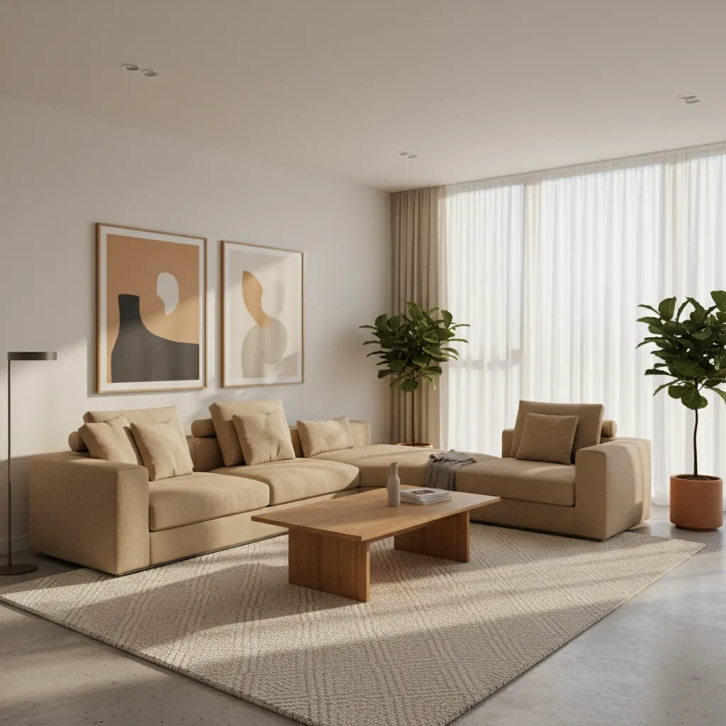Neutral living room with tan sofa acting as central anchor piece
