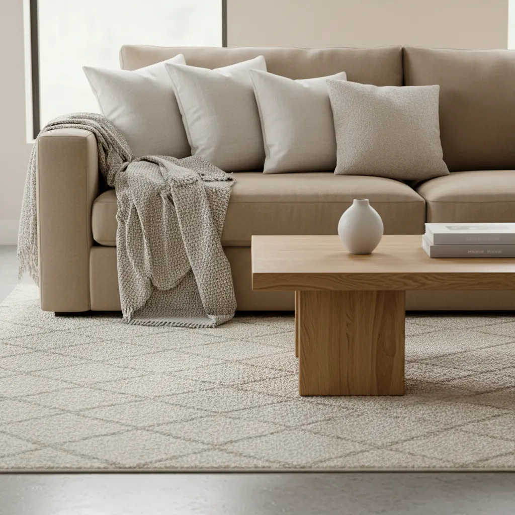 Close view of tan couch styled with linen pillows textured throw and natural wood table