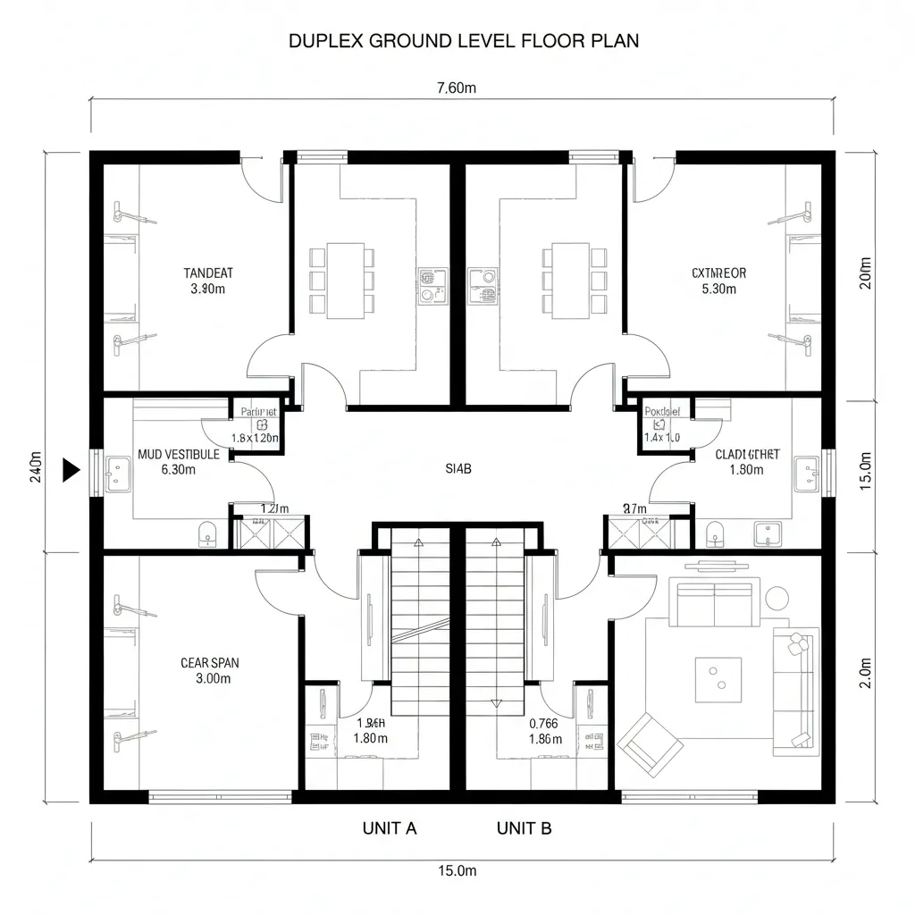 Top-down CAD floor plan with tandem garage and split-core stair