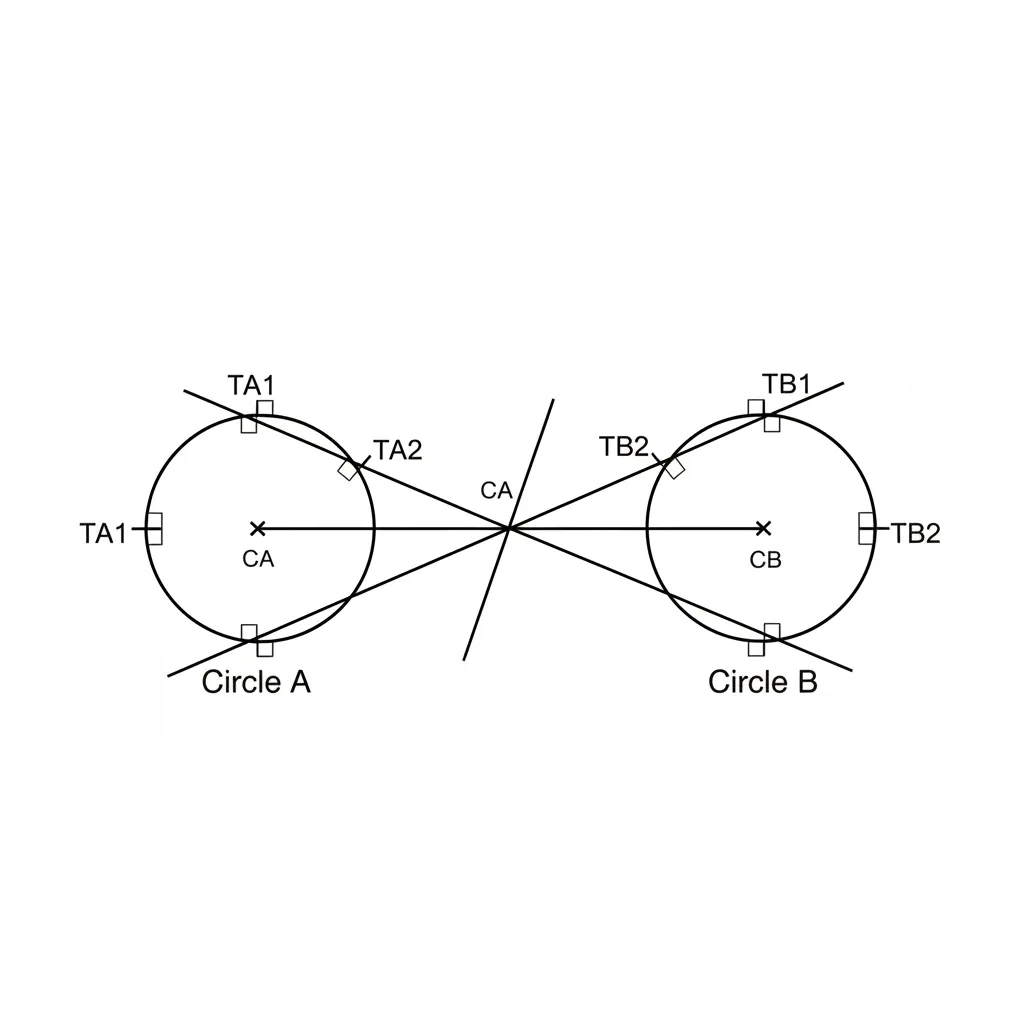 Diagrama geométrico mostrando dos círculos con tangentes comunes interiores