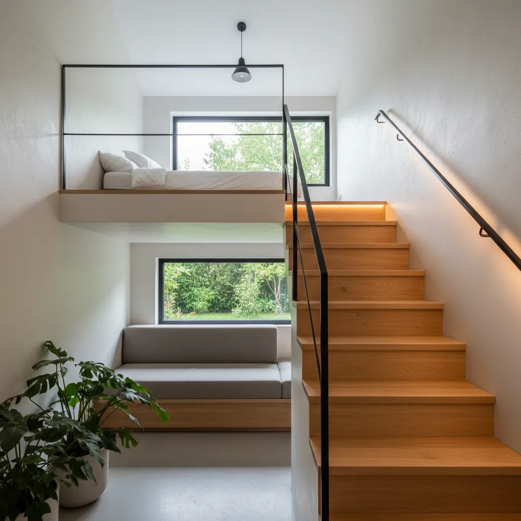 Small interior design drawing with wooden stairs mezzanine bed above grey sofa and green tree window