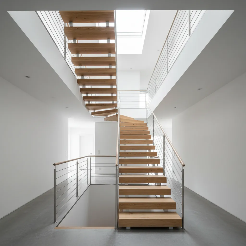 Modern wooden staircase with metal railings in a bright white house interior under a window