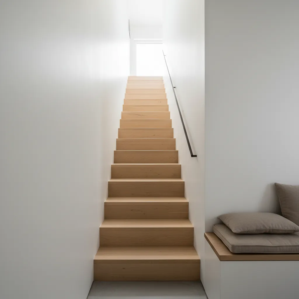 Narrow wooden stairs with black handrail white walls and built in bench with grey cushions