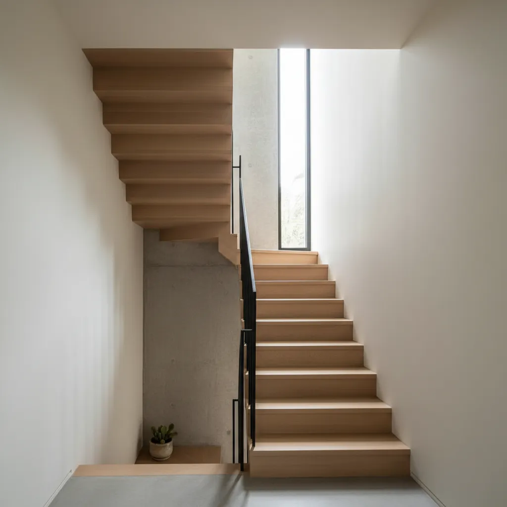 Minimalist wooden stairs with black handrail white walls and tall narrow window for natural sunlight