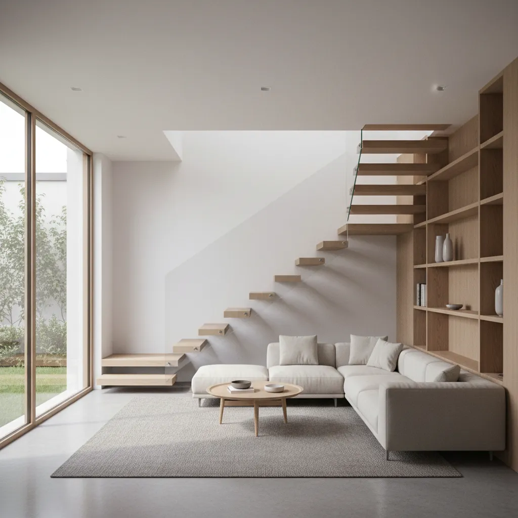 Minimalist living room with cream sofa wooden coffee table and stairs beside large glass windows