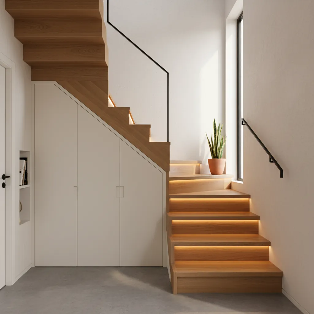 Modern wooden stairs with built in lights and white storage cabinet underneath in a hallway