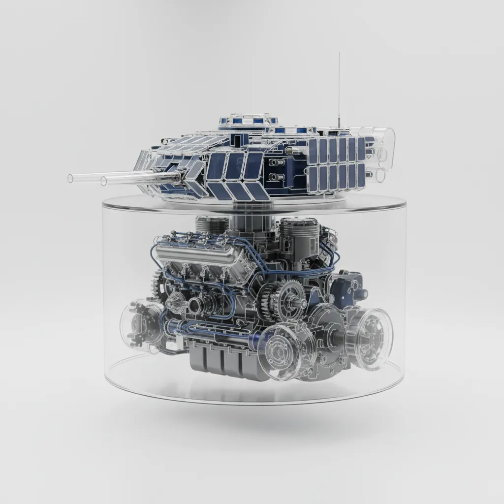 Blue tank model sitting on large engine inside transparent glass cylinder on a white background