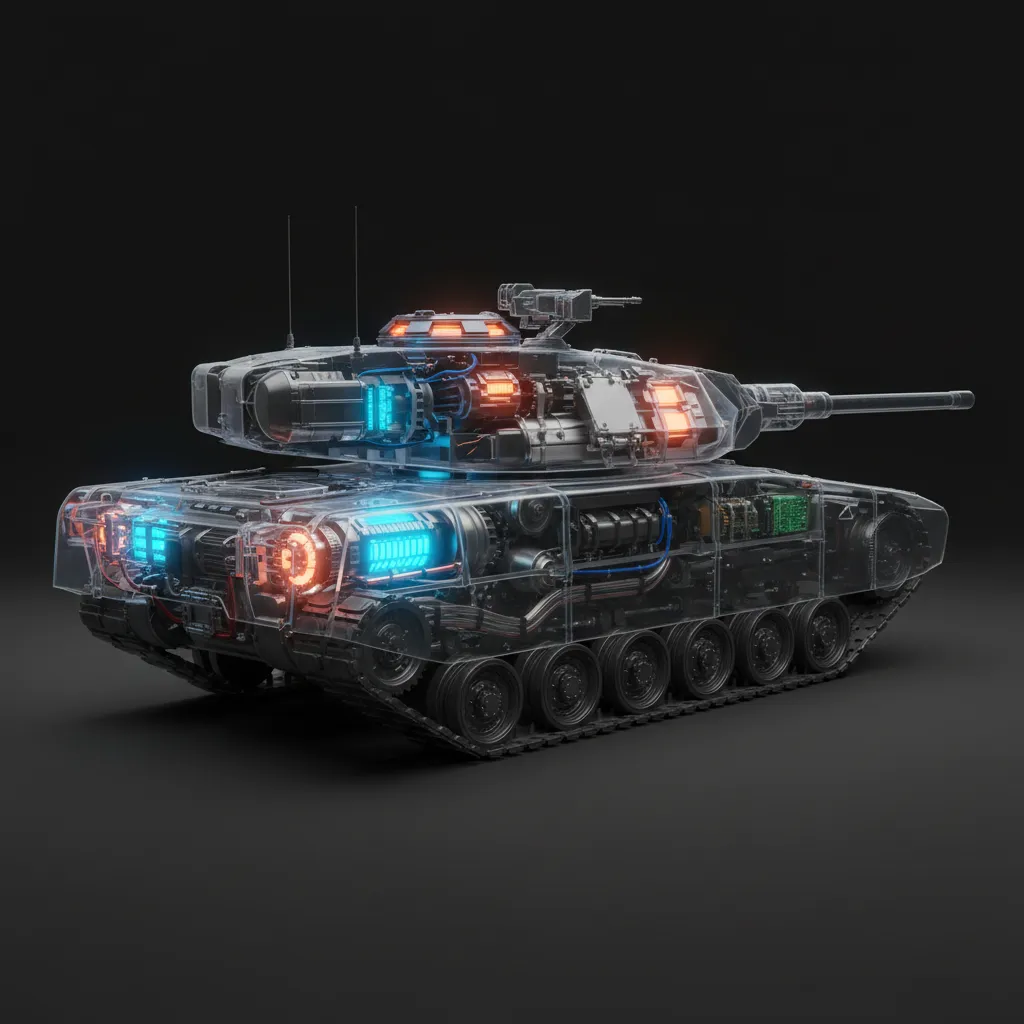 tank internal engine and turret mechanisms highlighted inside transparent shell