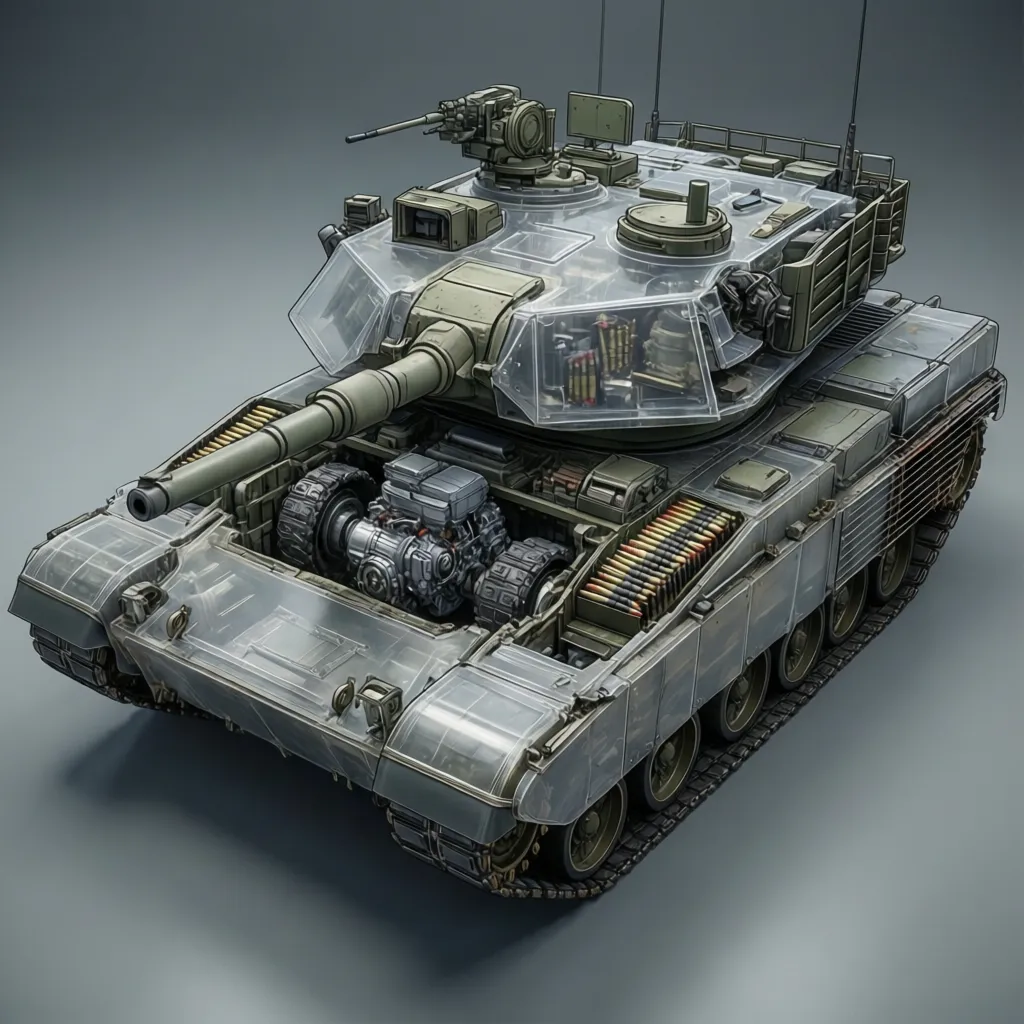 3D interior design drawing of a tank with clear outer shell showing seats and engine