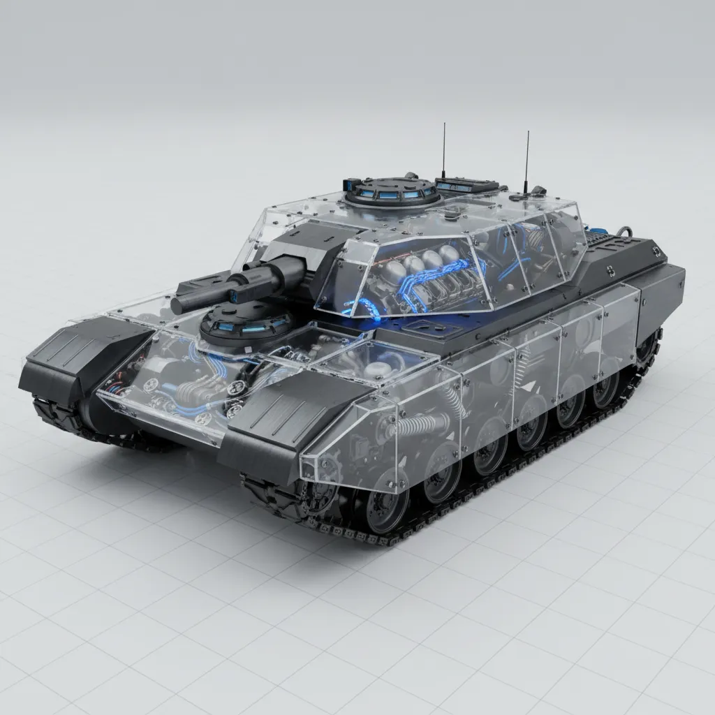 transparent tank hull showing internal mechanical structure in 3D render
