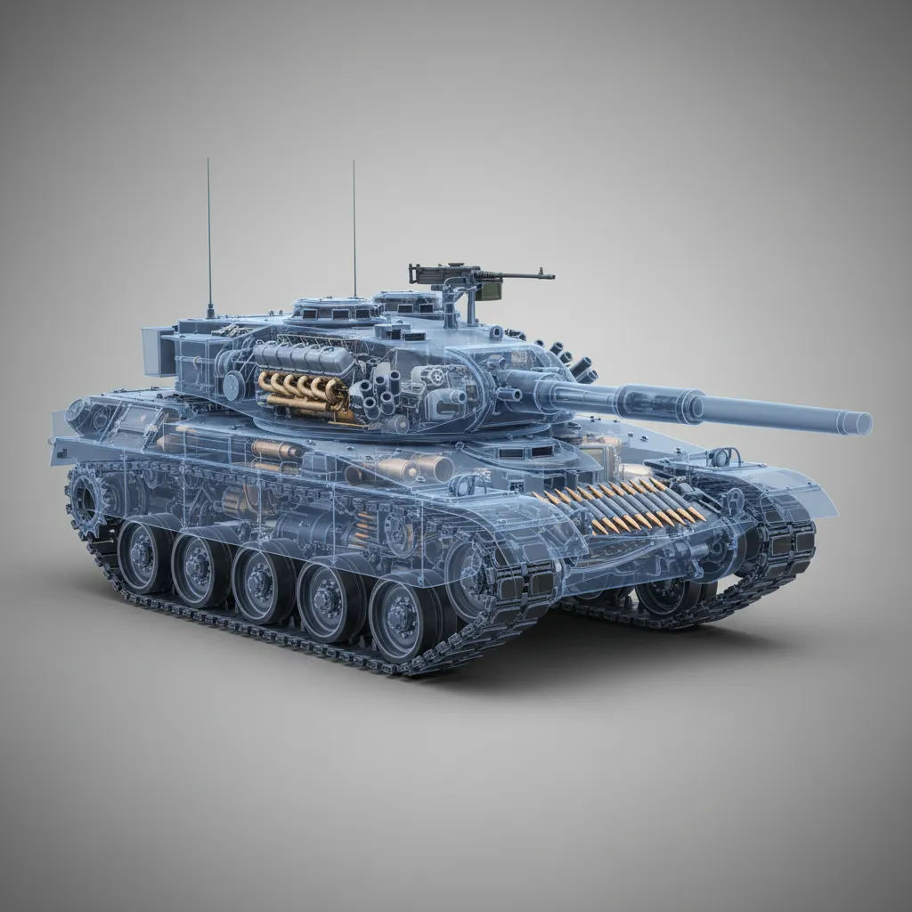 Transparent blue 3D tank model showing internal engine parts and ammunition on a grey background