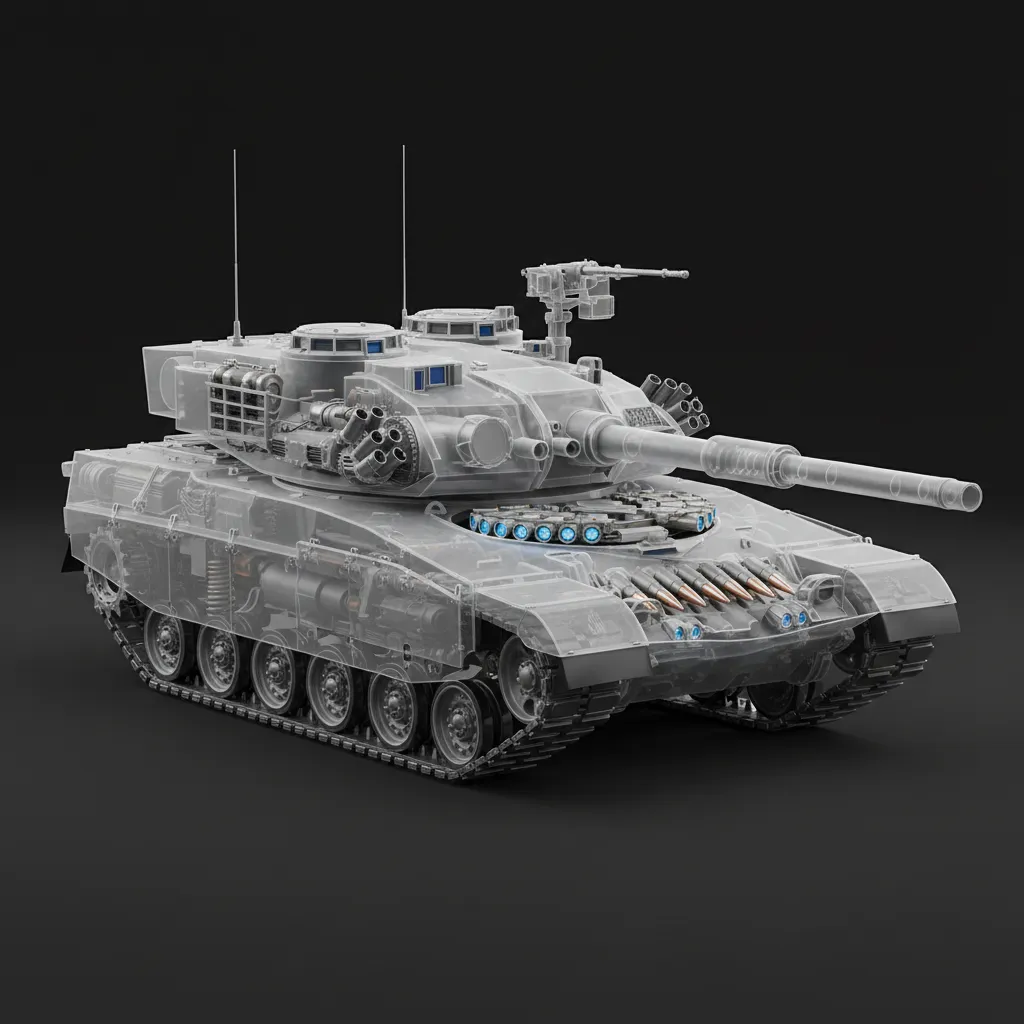 3D tank model rendered in X ray style with transparent armor revealing internal components