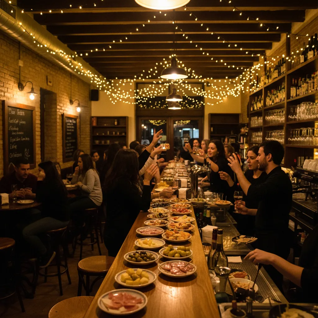 Ambiente animado en un bar de tapas con iluminación cálida