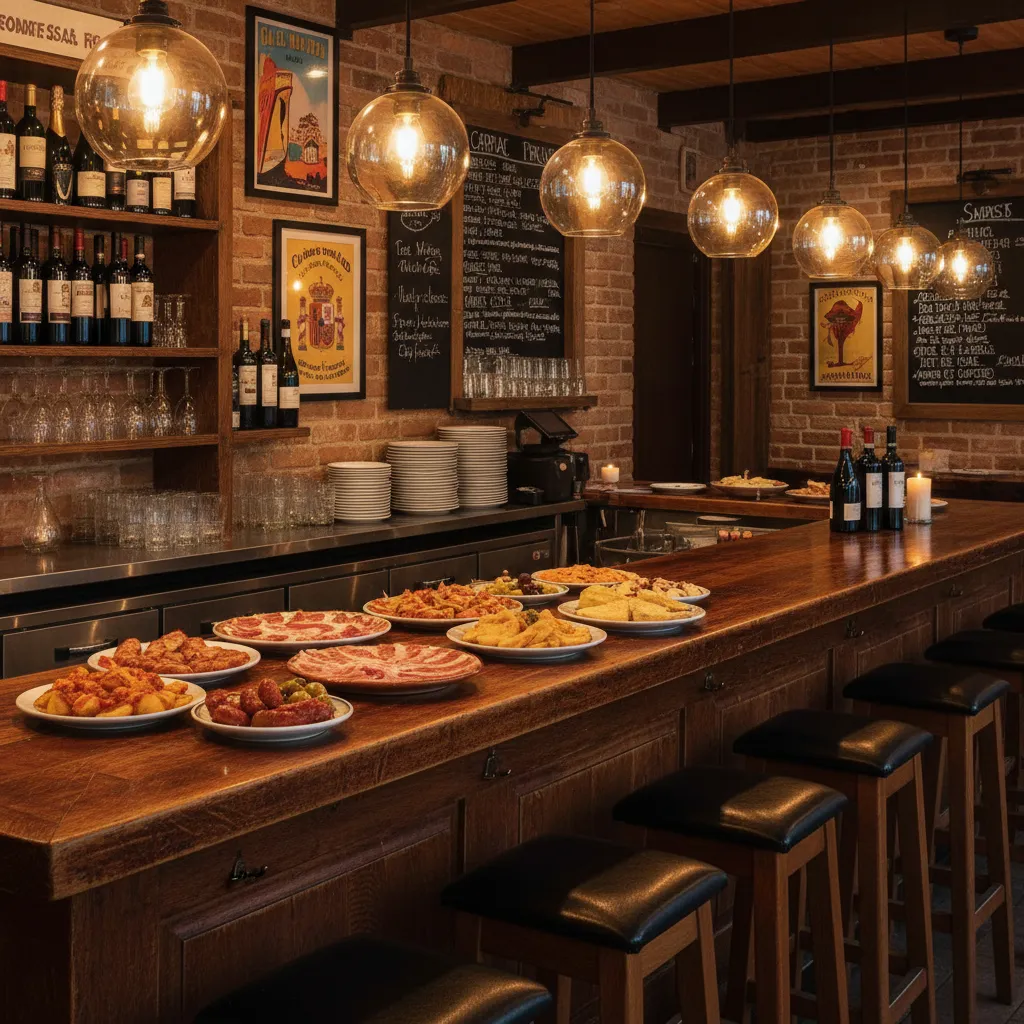 Barra de madera con taburetes en un bar de tapas moderno
