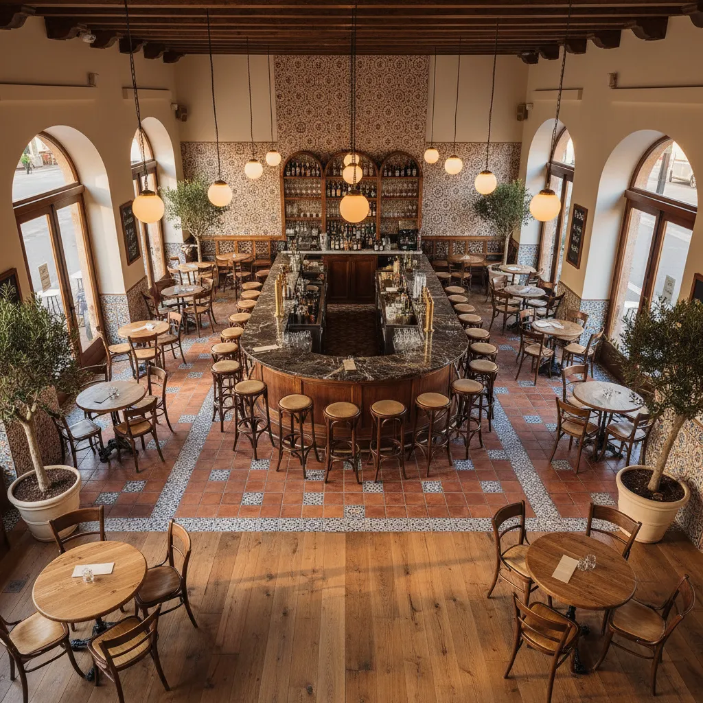 Distribución interior de un bar de tapas con barra central y mesas pequeñas