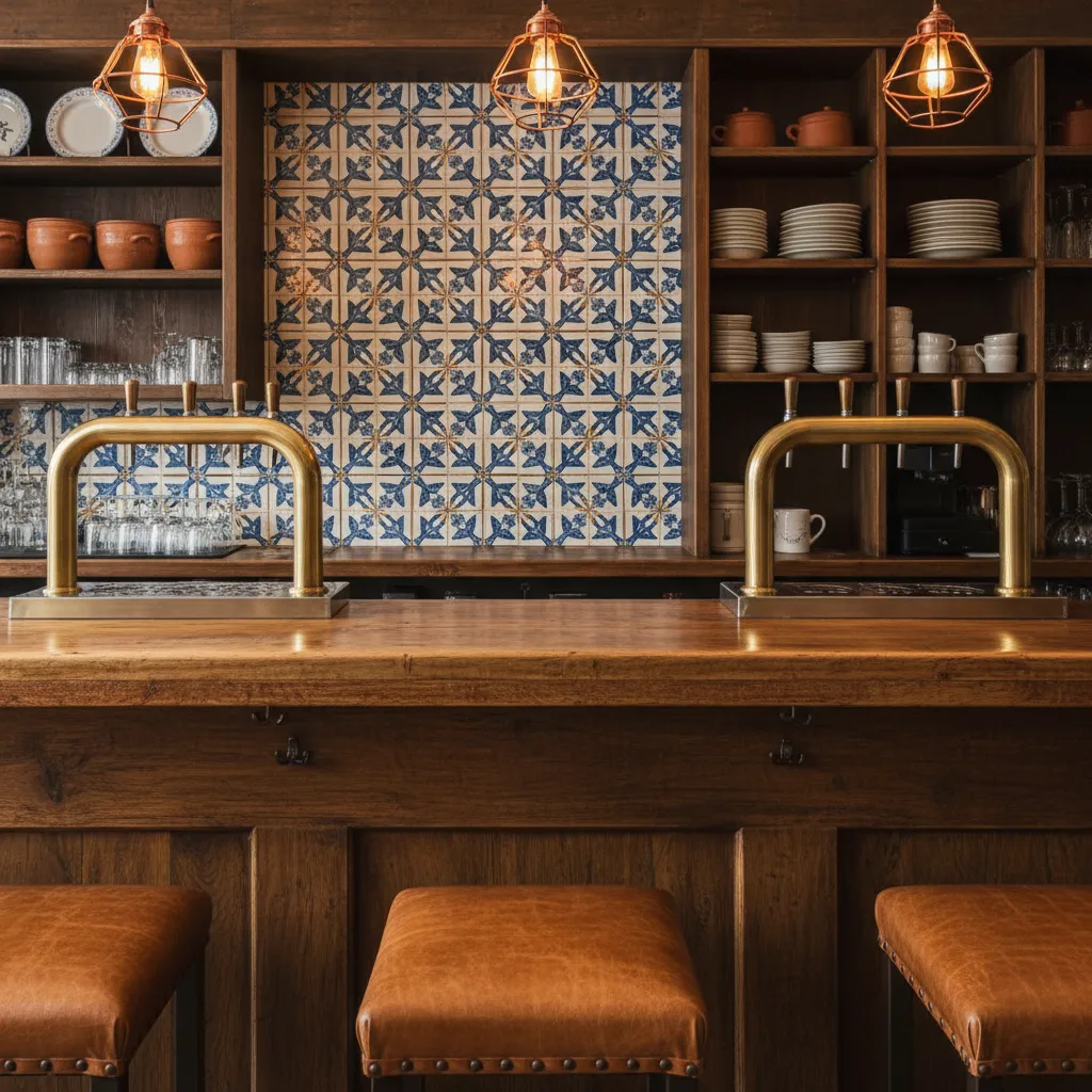 Materiales resistentes en bar de tapas con azulejos y madera