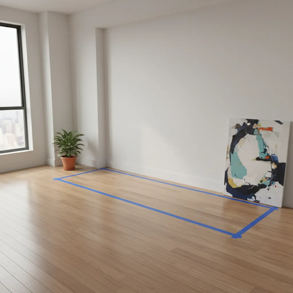 Painter tape outline on floor marking narrow sideboard footprint