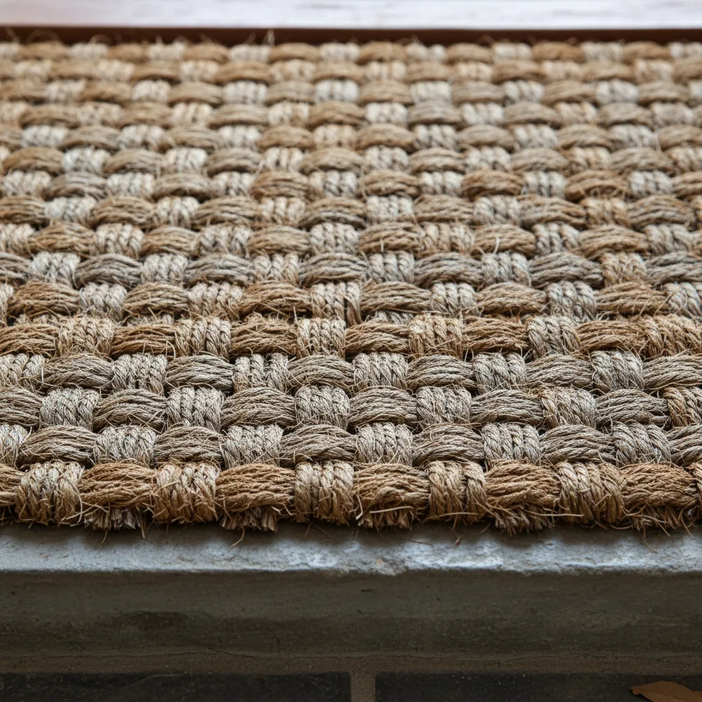 Detalle de un tapete de fibra natural con textura gruesa para entrada