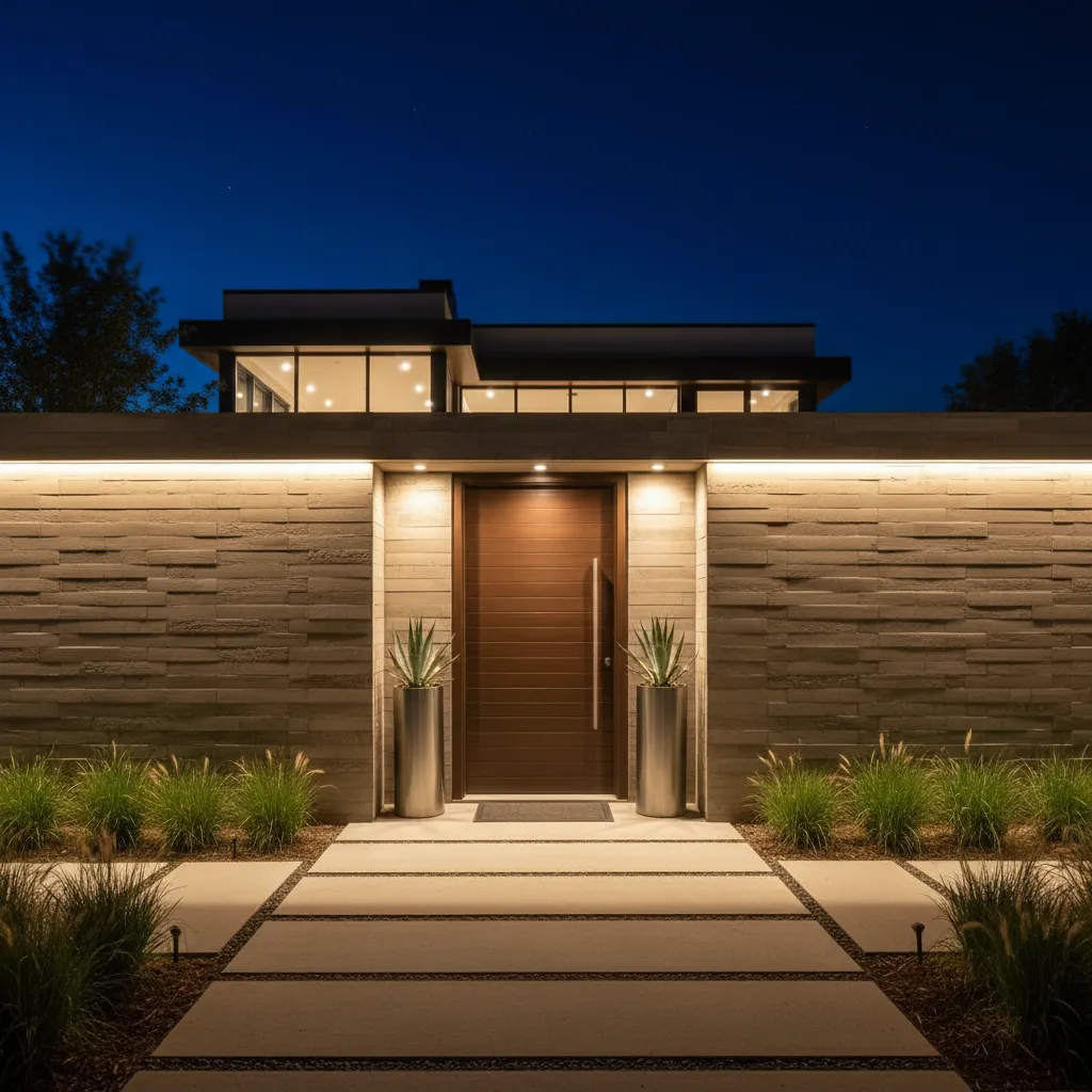 Tapial moderno con iluminación arquitectónica nocturna