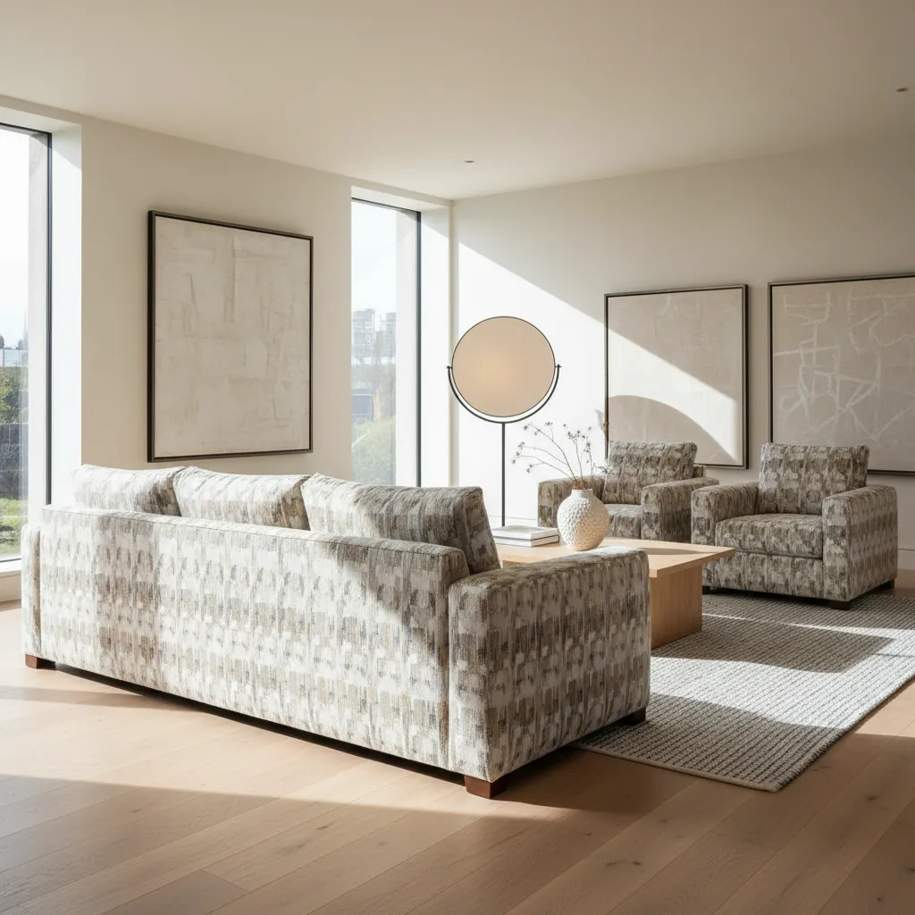 Bright living room featuring patterned sofa and armchairs with wooden floors plus large wall art