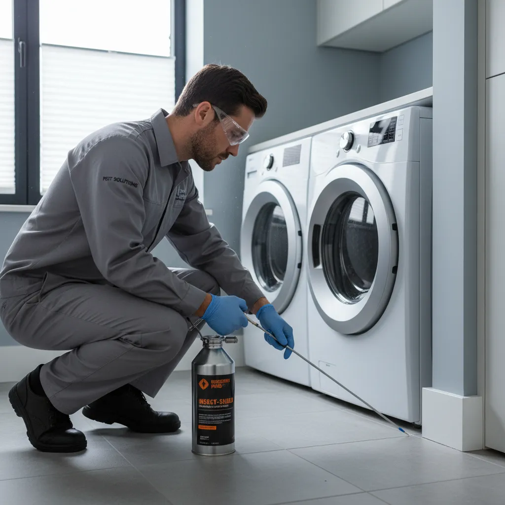 Technician applying targeted crack and crevice insecticide along laundry room baseboard