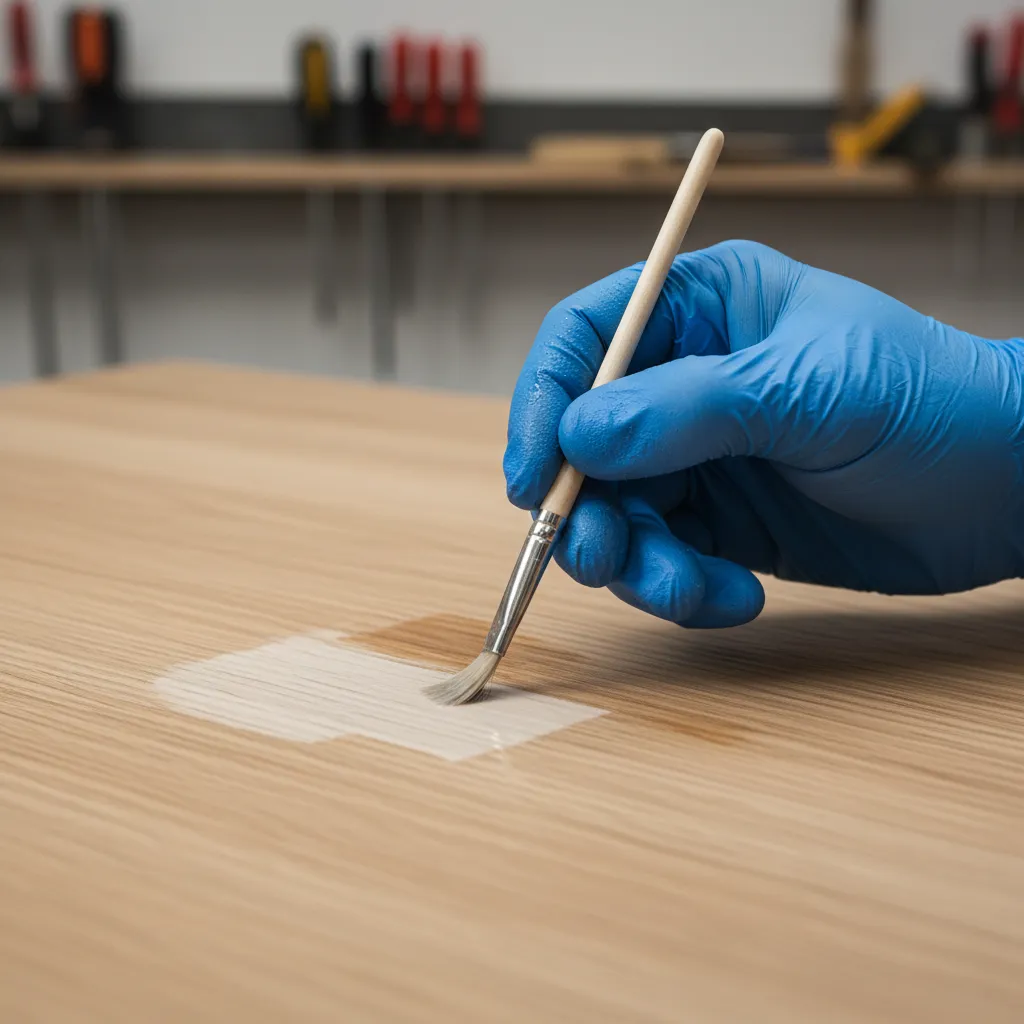 person applying wood bleach carefully to darker patch on tabletop using small brush