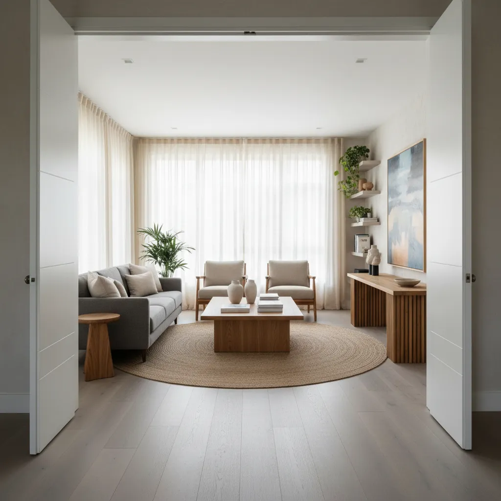 Sala moderna con tarima gris y puertas blancas