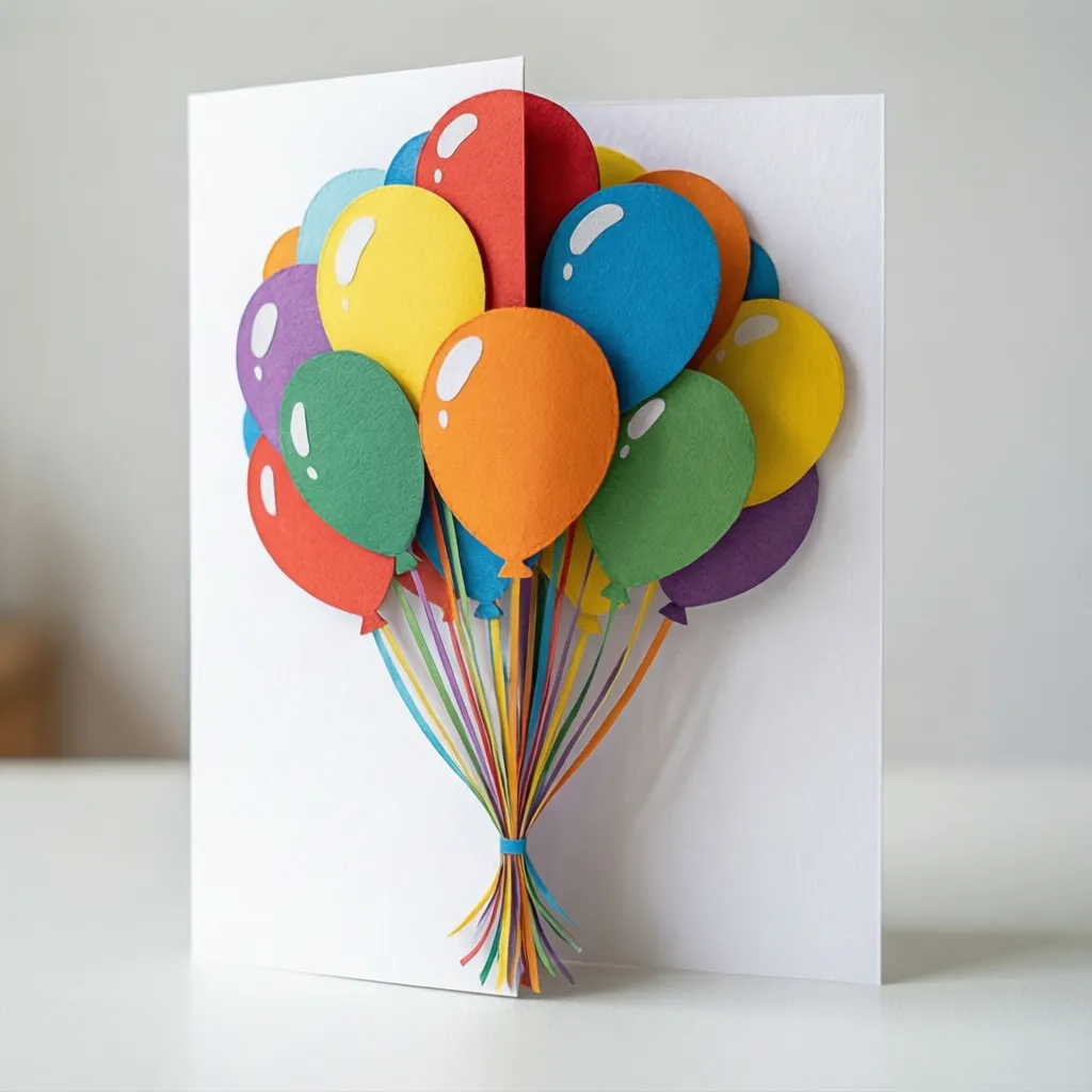 Tarjeta de cumpleaños con globos de papel en relieve y colores brillantes