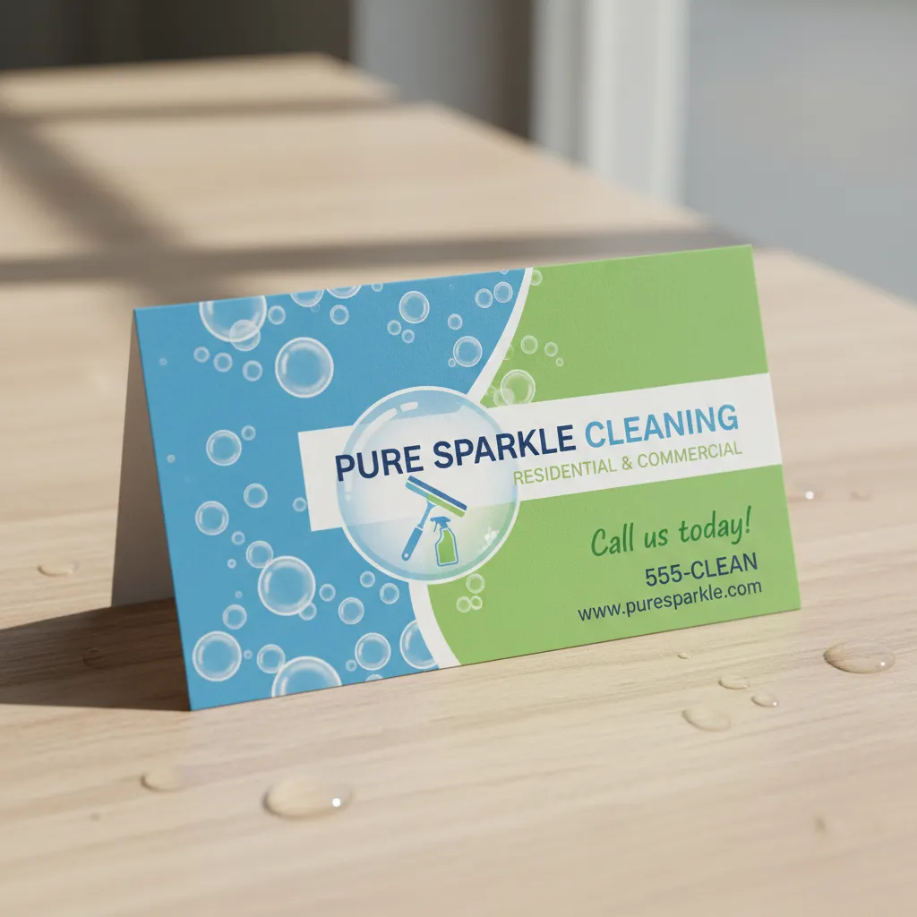 Tarjeta de limpieza con colores azul y verde que transmiten frescura
