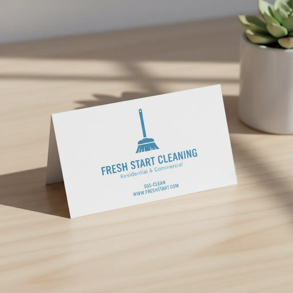 Tarjeta minimalista de servicio de limpieza con fondo blanco y icono de escoba
