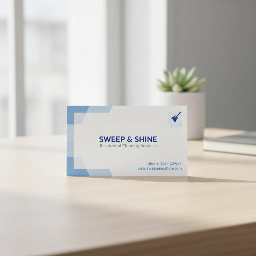 Diseño minimalista de tarjeta para servicio de limpieza con colores azul y blanco