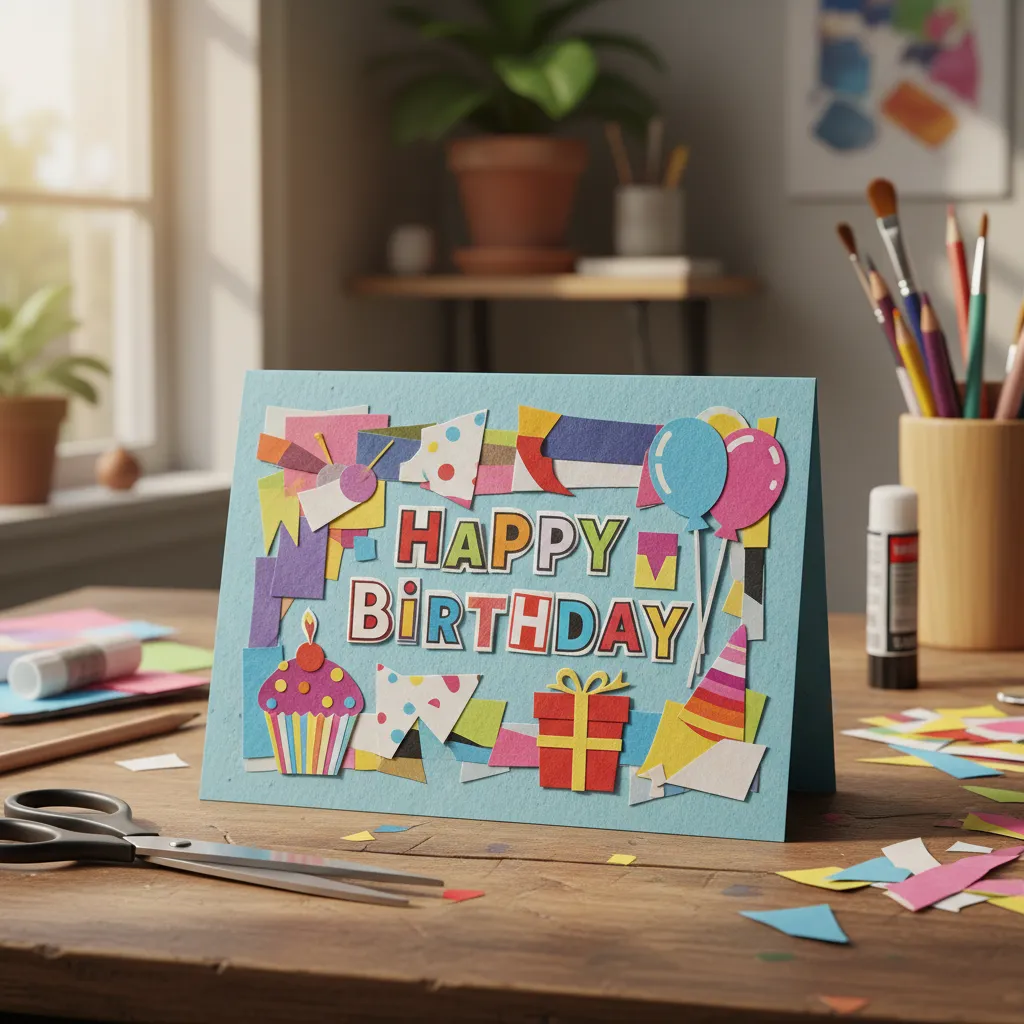 Tarjeta de cumpleaños hecha con recortes de revistas y papel reciclado