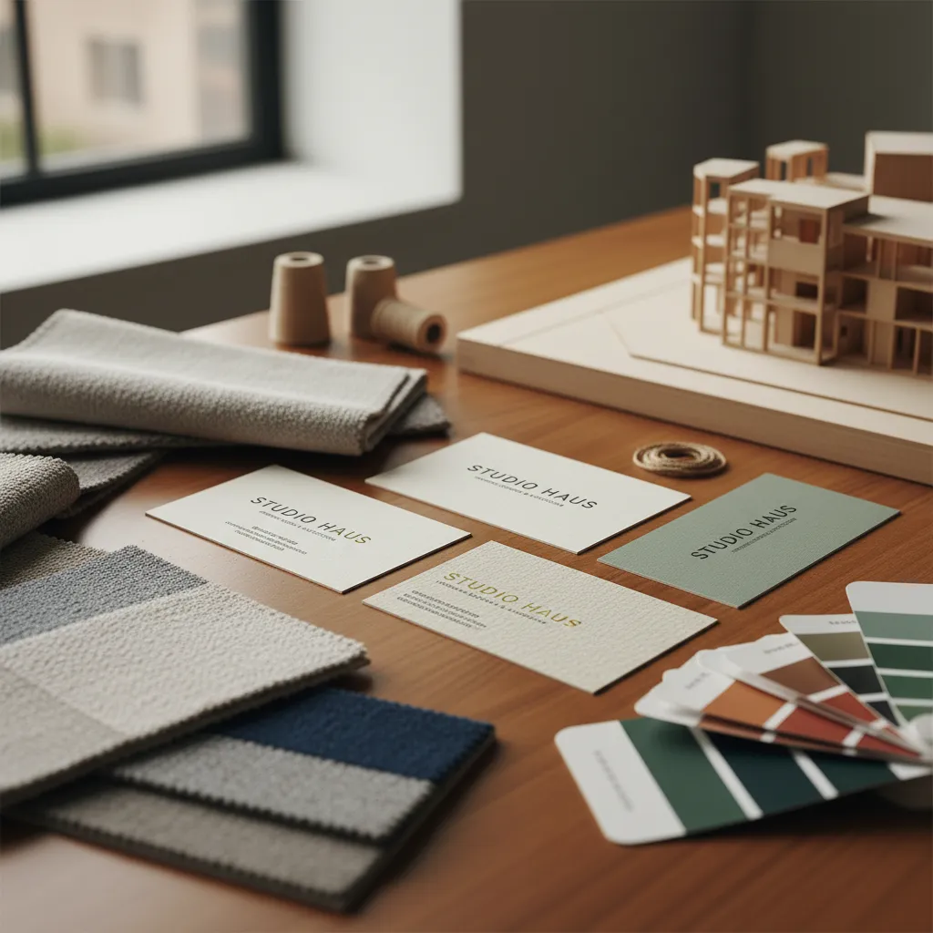 Professional business cards sitting with fabric samples and color palettes next to wooden house model