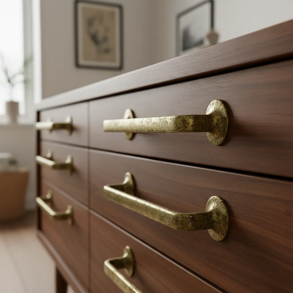 tarnished brass drawer hardware on vintage mid century dresser