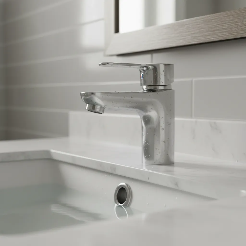 close up of a tarnished silver bathroom faucet on a sink