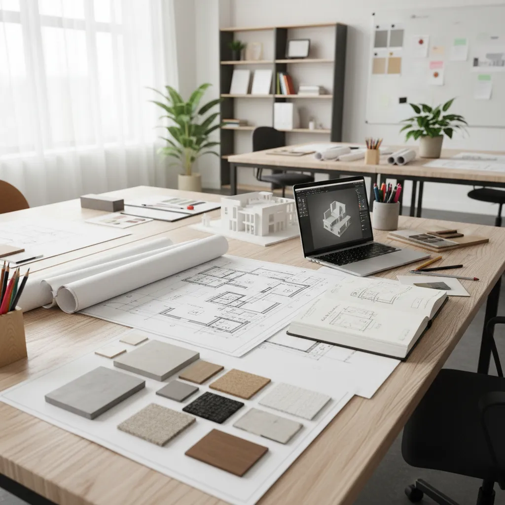 Interior design desk with paper floor plans material samples laptop showing 3D model and pens